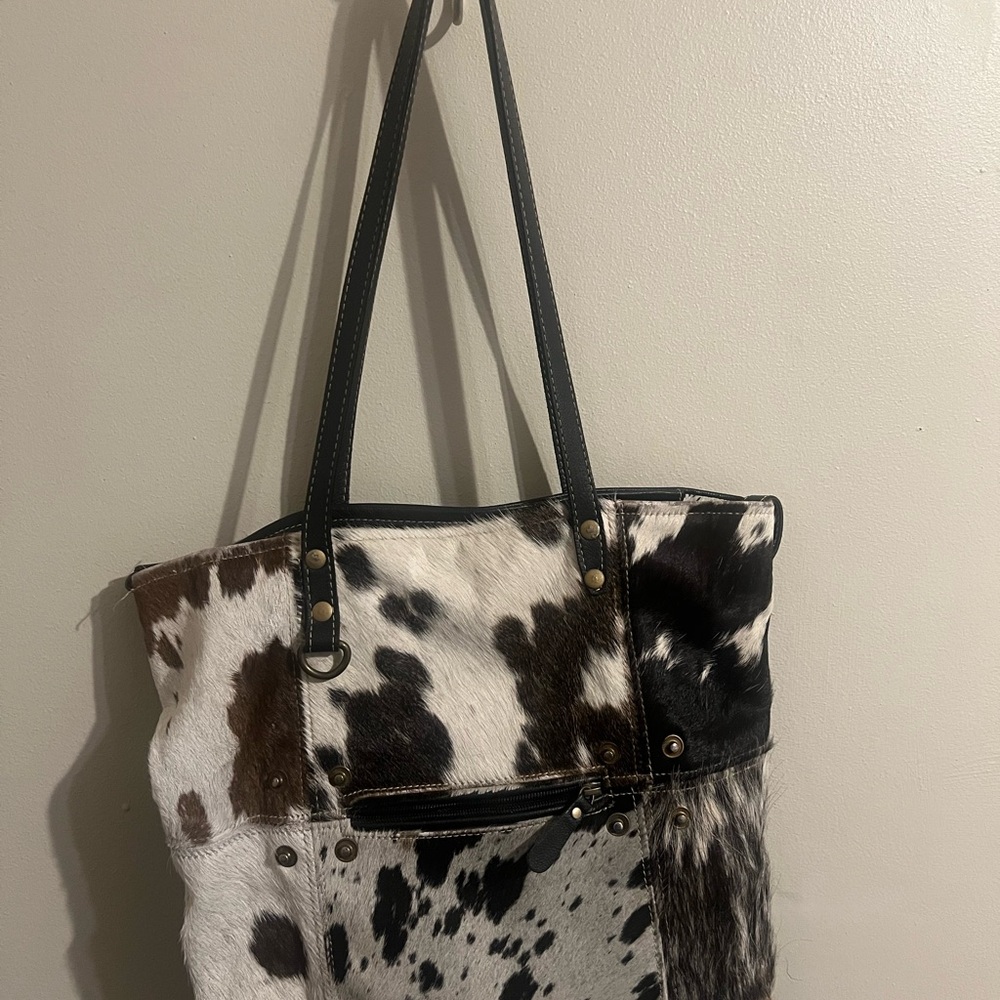 Myra Bag Cowhide Tote in Black, Brown, and White